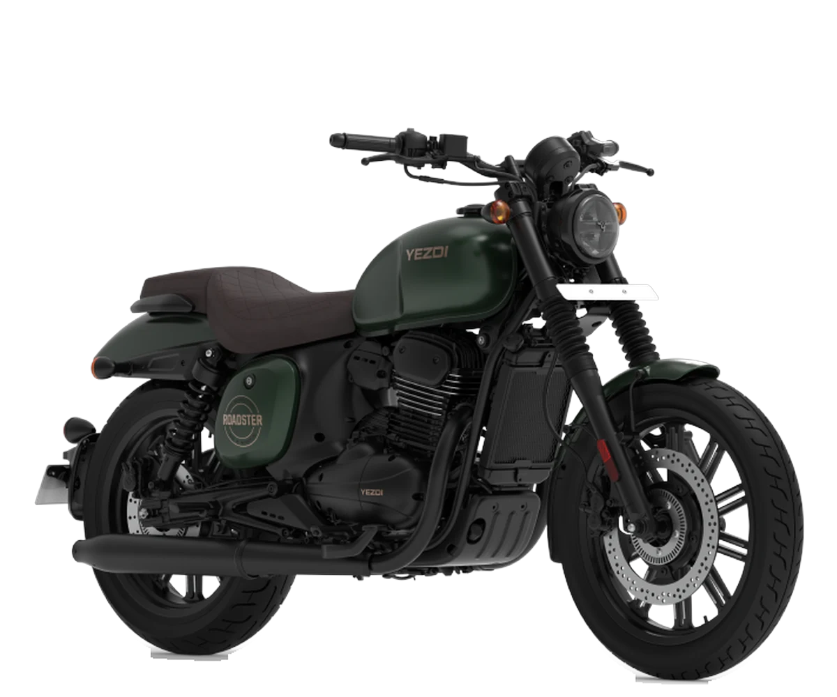 Yezdi Roadster in Green Mamba. Manufacturer studio image of the whole bike.