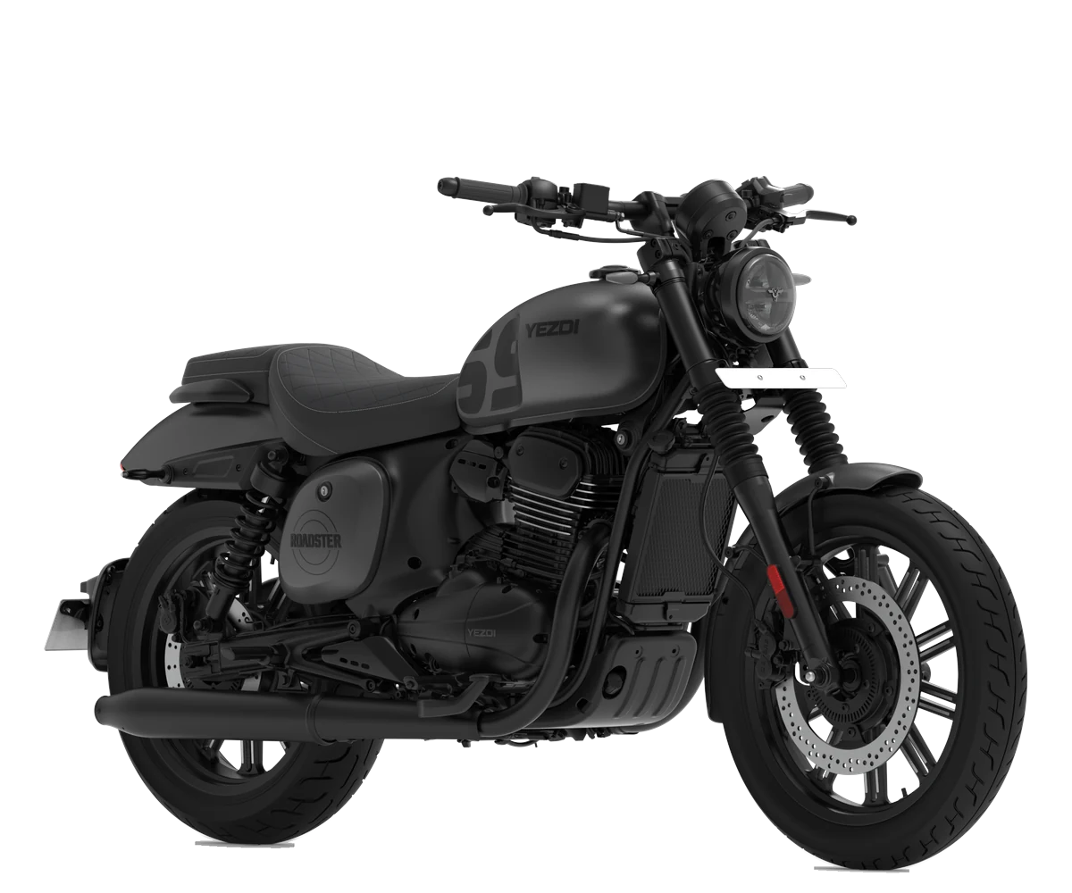 Yezdi Roadster in Shadow Black. Manufacturer studio image of the whole bike.