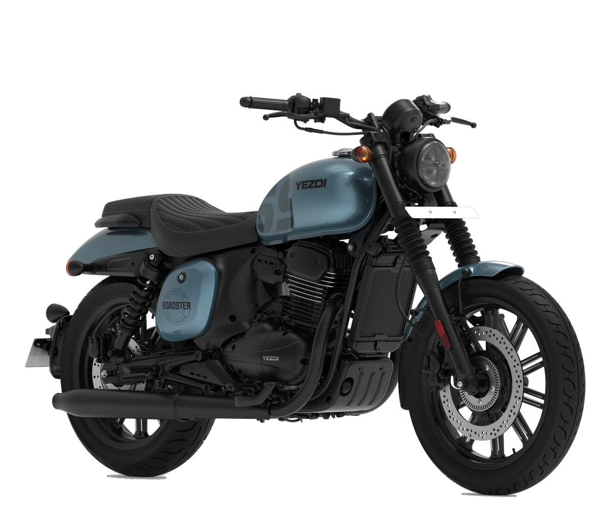 Yezdi Roadster in Sharkskin Blue. Manufacturer studio image of the whole bike.