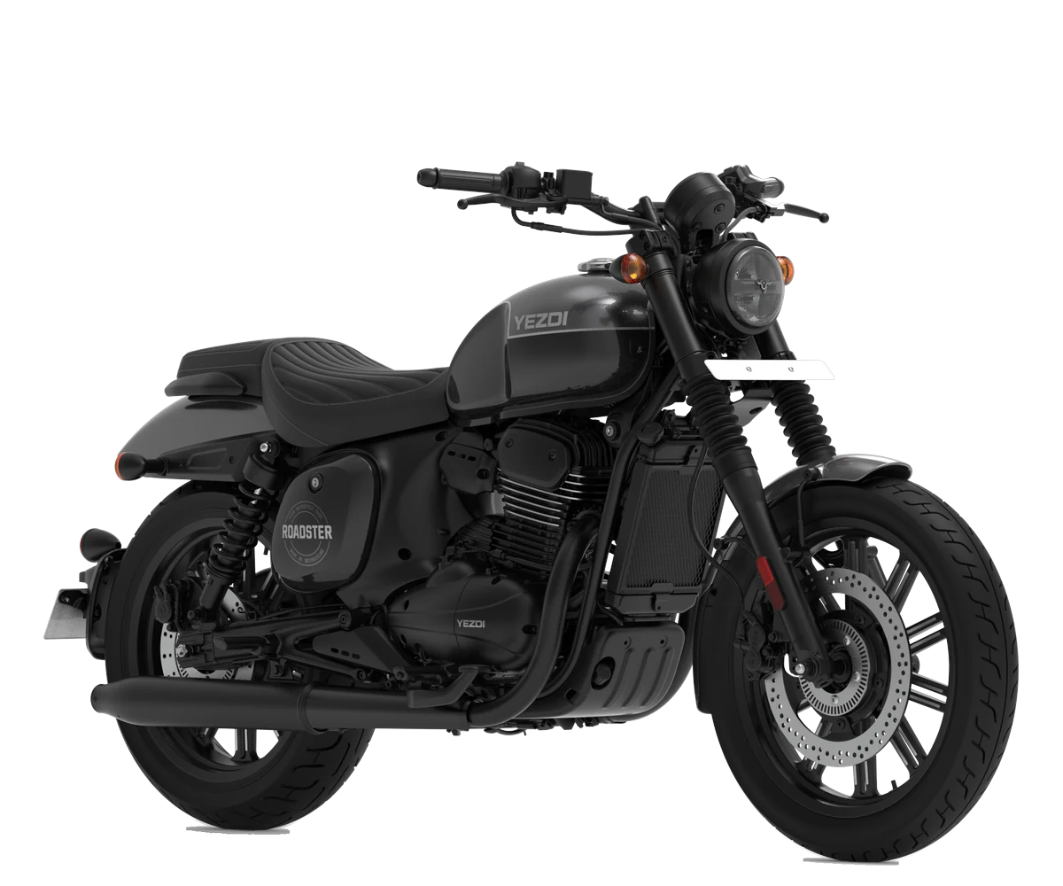 Yezdi Roadster in Smoke Grey. Manufacturer studio image of the whole bike.