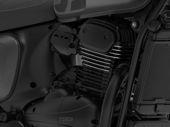 Close view of the Yezdi Roadster’s engine and exhaust header.