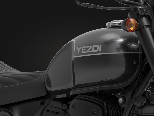 Close view of the Yezdi Roadster’s fuel tank and YEZDI wordmark.