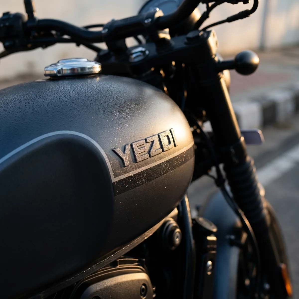 Close view of a Smoke Grey Yezdi Roadster tank and its YEZDI wordmark in early sun.