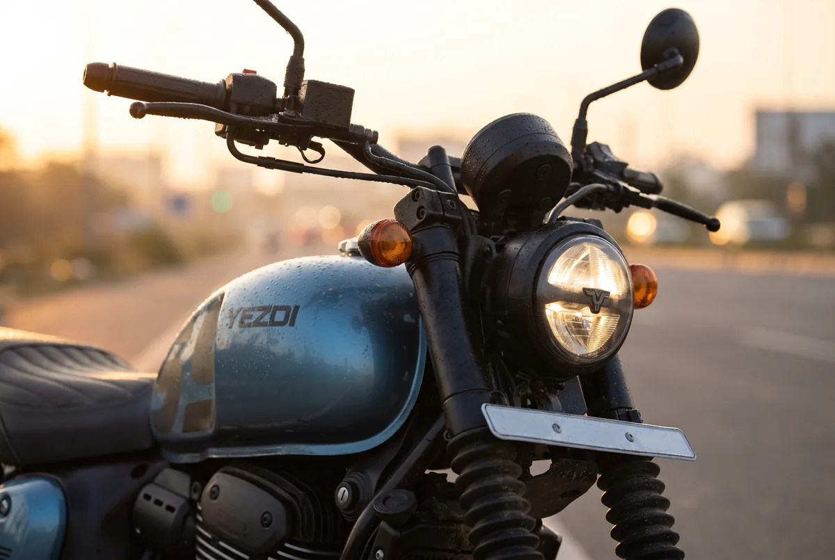 Close view of a Sharkskin Blue Yezdi Roadster’s round headlamp and handlebars at sunrise.